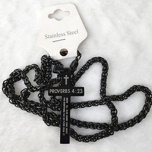 Bible Verse Cross Pendant Necklace Black Stainless Steel Proverbs 4:23 NEW